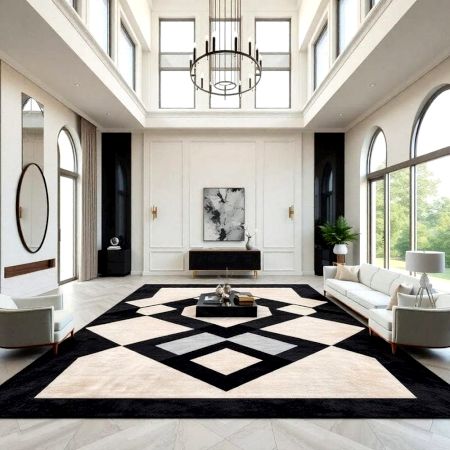 Handcrafted Black Ivory Geometric Living Room Rug